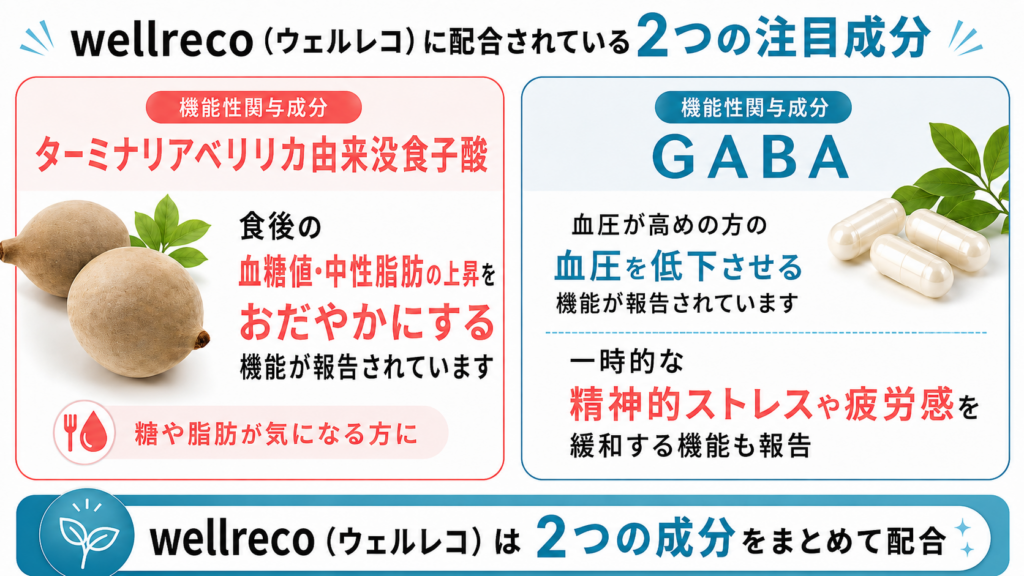 wellreco(ウェルレコ)に配合されている機能性関与成分「ターミナリアベリリカ由来没食子酸」とGABAの働きを紹介した図解。