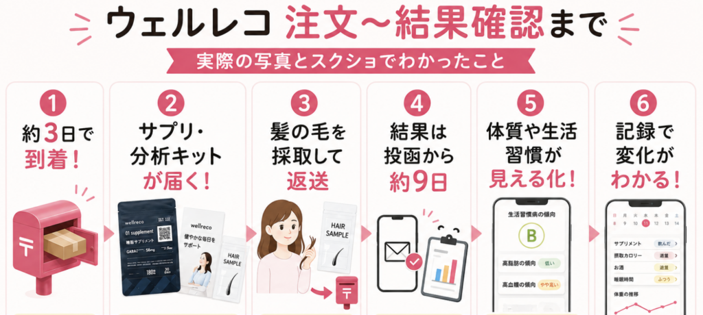 ウェルレコを注文してから毛髪分析の結果を確認するまでの流れをまとめた図解。約3日で到着し、サプリと毛髪分析キットを受け取り、髪の毛を返送すると投函から約9日で結果を確認でき、生活習慣や体重の記録もできる。