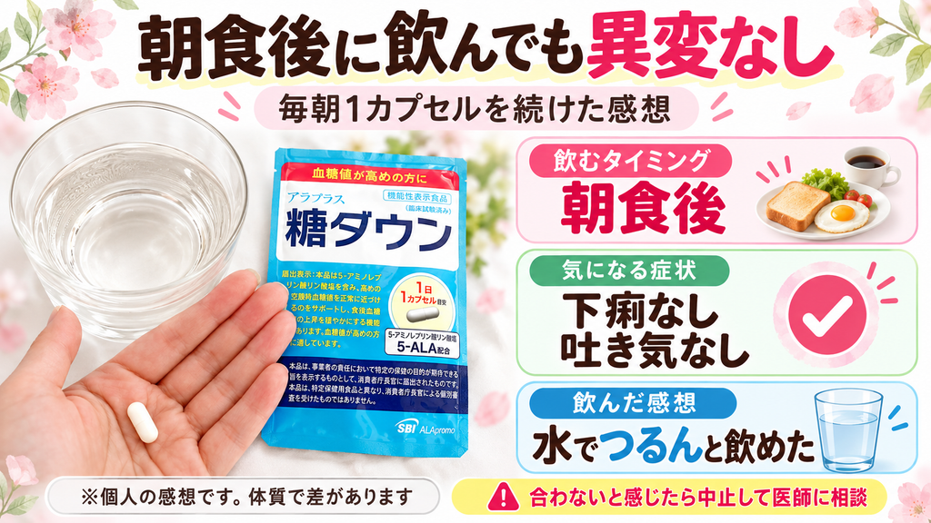 アラプラス糖ダウンを毎朝、朝食後に1カプセル飲んだ体験では、下痢や吐き気などの気になる症状はなく、水と一緒につるんと飲めたことをまとめた図解