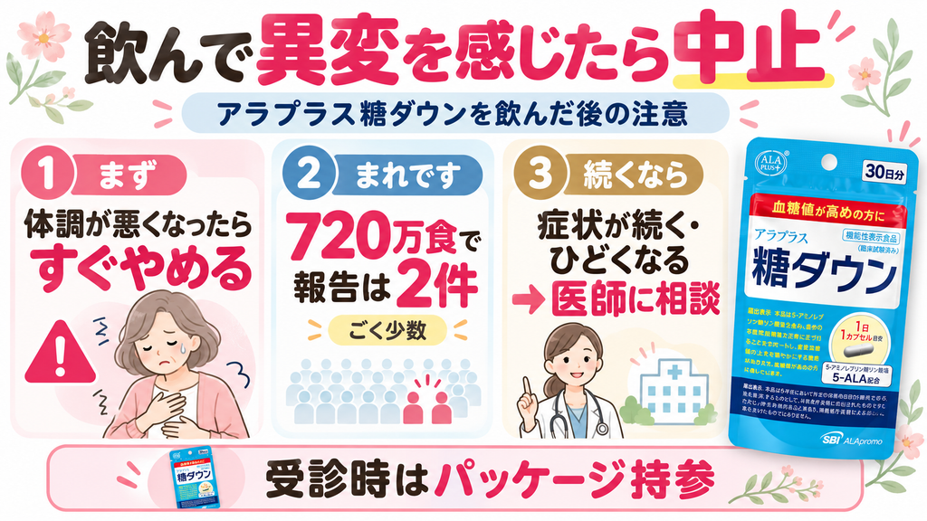 アラプラス糖ダウンを飲んで体調に異変を感じたら、すぐに中止し、症状が続く・ひどくなる場合は医師に相談することをまとめた図解。約720万食で健康被害の報告は2件とごく少数で、受診時はパッケージを持参すると伝えやすい