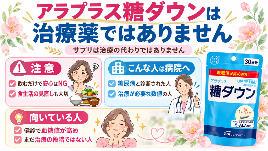 アラプラス糖ダウンは治療薬ではなく、食生活の見直しとあわせて使うことが大切。糖尿病と診断された人や治療が必要な数値の人は病院で医師に相談し、健康診断で血糖値が高めでもまだ治療段階ではない人に向いていることをまとめた図解