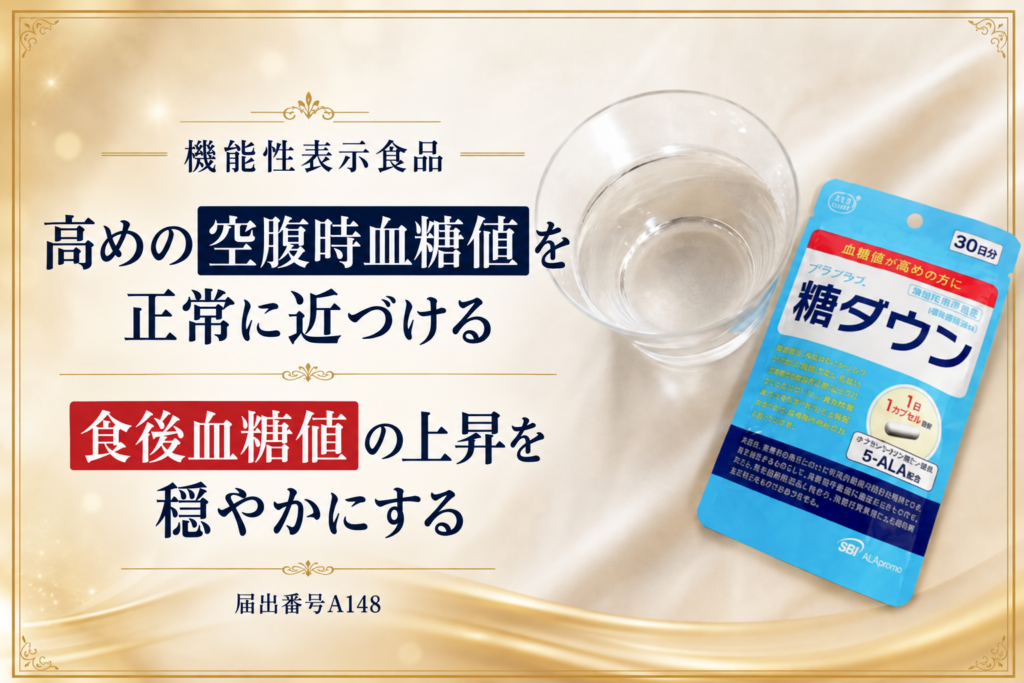 アラプラス糖ダウンの機能性を紹介する図解。高めの空腹時血糖値を正常に近づけ、食後血糖値の上昇を穏やかにすることを示し、商品パッケージと水の入ったグラスを掲載