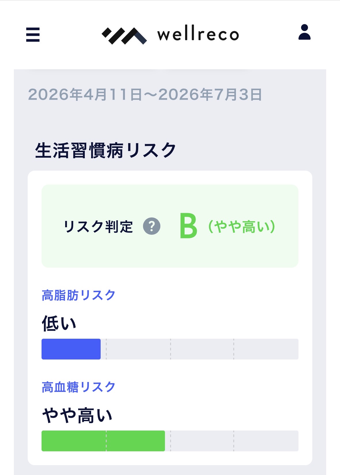 ウェルレコ毛髪診断の生活習慣病リスク判定画面