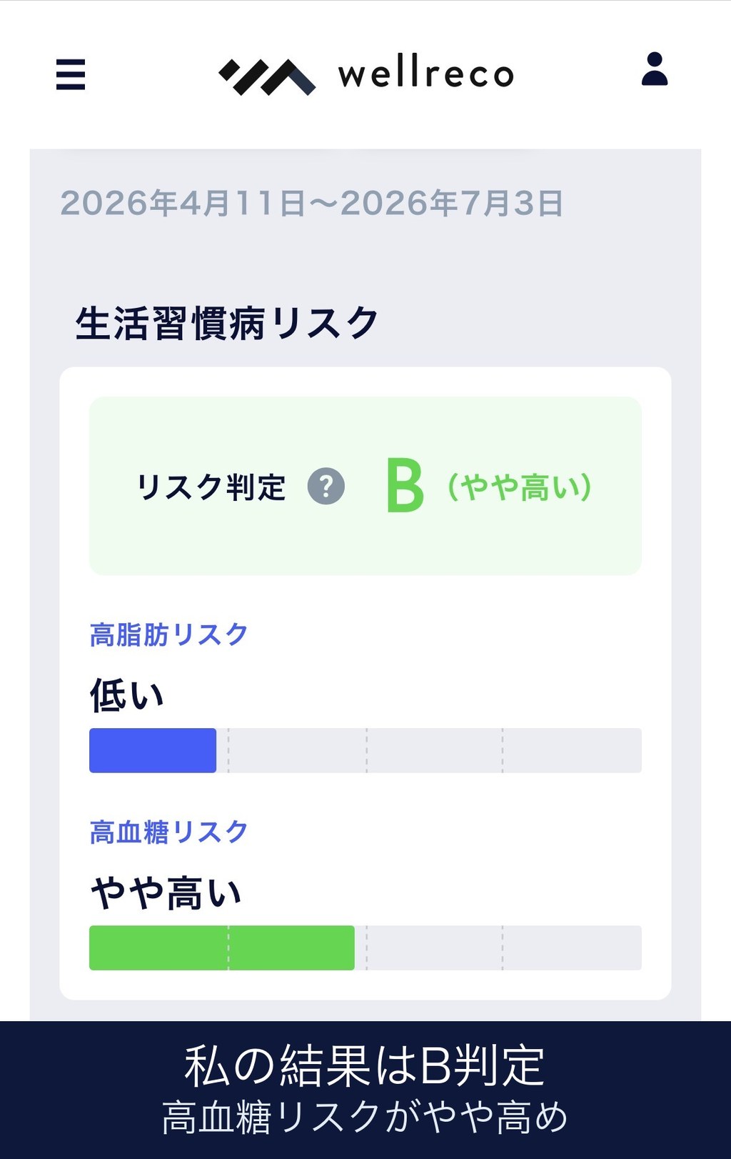 ウェルレコ毛髪分析の生活習慣病リスク判定画面の画像